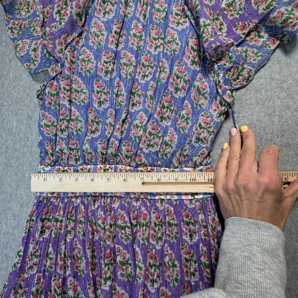 Hemant and Nandita Mini Dress Purple Floral Metallic Ruffle XS Bohemian Tassel - Picture 4 of 9